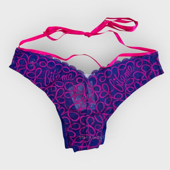 Savage X Fenty Ribbon Writing Lace Brazilian | Plus Size 1X Purple Pink Groovy - Picture 7 of 8
